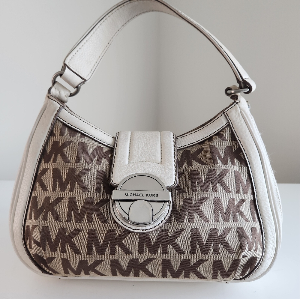 Michael Kors Signature Logo Canvas w/Cream Leather Handbag with Silver Closure